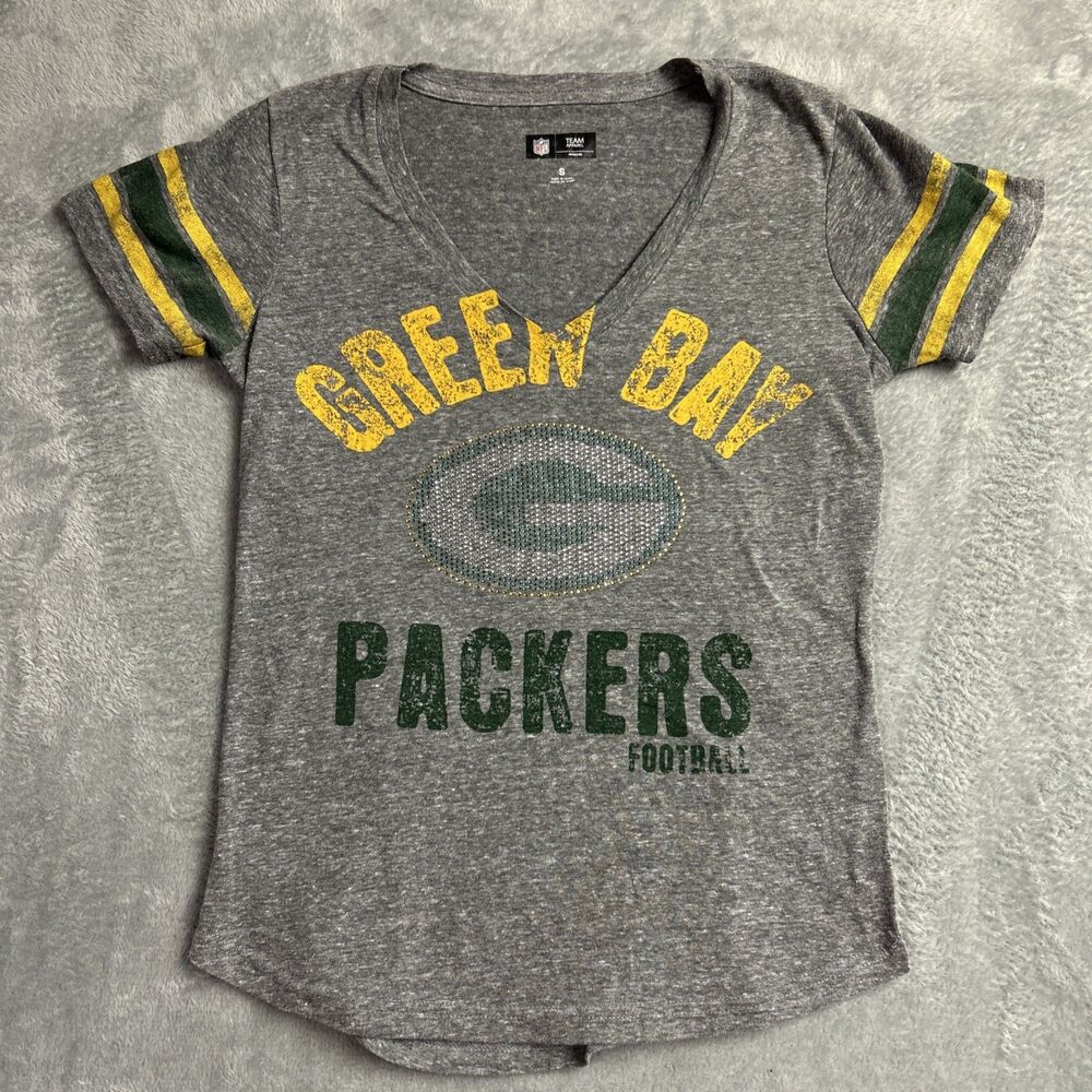 Green Bay Packers Womens V-Neck T-Shirt Grey Sz. S Shirt Top NFL Team Apparel